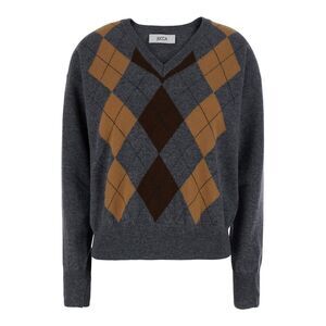 Jucca Women Argyle Pattern Sweater With V-Neck In Gray